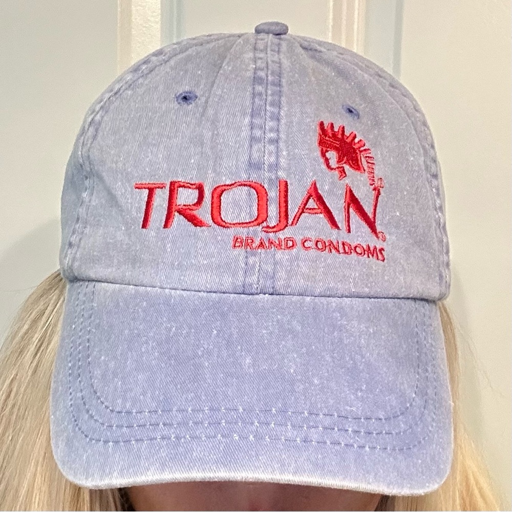 Vtg 90s Trojan Condoms Denim Adjustable Hat “GET IT ON” Novelty OSFA